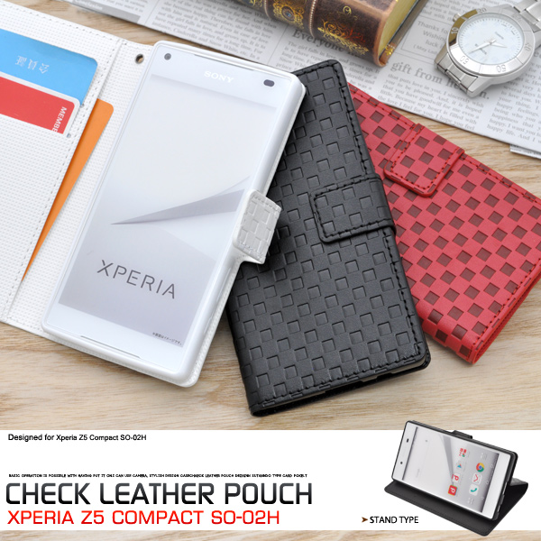 XperiaZ5 Compact SO-02H 手帳型 横開き ドコモ専用 市松模様レザーケース エクスペリアZ5コンパクト ケース チェック柄