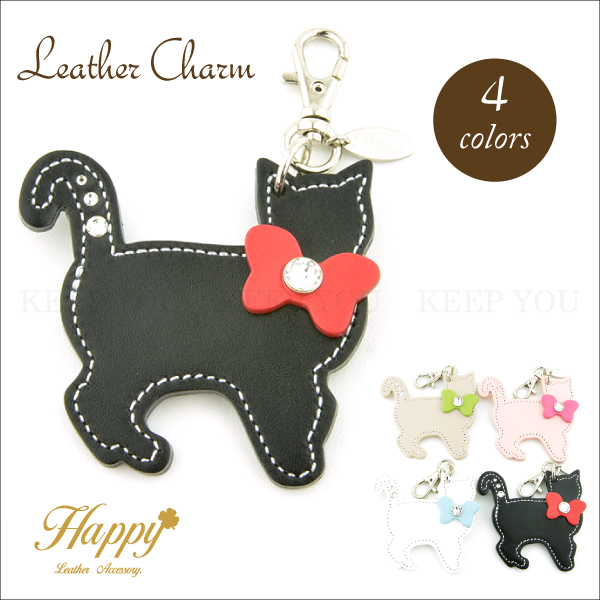 &starf;Happy & starf;本革アクセサリー&starf; 【商品情報】 ねこチャーム 日本製 【サイズ】 全長：約9.5cm チャーム：約3.5cm ねこ：約6