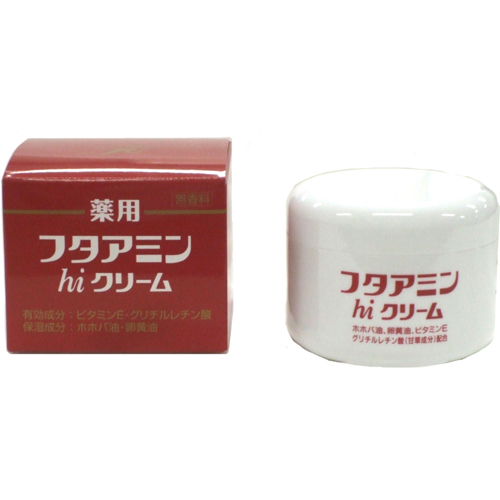 フタアミンhiクリームは、ビタミンEアセテートとグリチルレチン酸を主剤にした薬用保湿クリームです。 基剤に使用しているホホバ油、卵黄油や保湿剤であるグリセリンとがあいまって、べとつかず、さっぱりとした