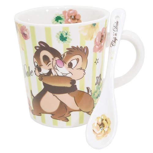 チップ＆デール スプーン付 マグカップ/フラワー ◆ディズニーキャラクターズの新作 テーブルウェアシリーズ ◆こちらはスープマグにもちょうど いい《スプーン付マグ》 ◆キュートな陶器製スプーン がセッ