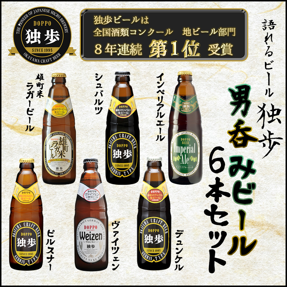 8年連続で全国酒類コンクールの地ビール部門で堂々の一位を獲得し続けている岡山県の宮下酒造が自信をもって提供する地ビールシリーズ。 その中から男呑みにぴったりなビール６種類をセットに。 濃醇なドイツ由来