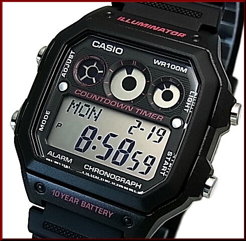 CASIO【カシオ/スタンダード】デジタル カウントダウンタイマー メンズ腕時計 ラバーベルト ブラック/ピンク 海外モデル AE-1300WH-1A2（