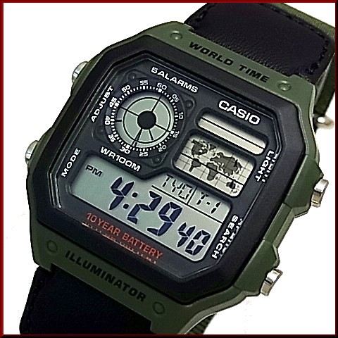 CASIO【カシオ/スタンダード】デジタル 世界地図表示ワールドタイム メンズ腕時計 モスグリーンナイロンベルト 海外モデル AE-1200WHB-3B